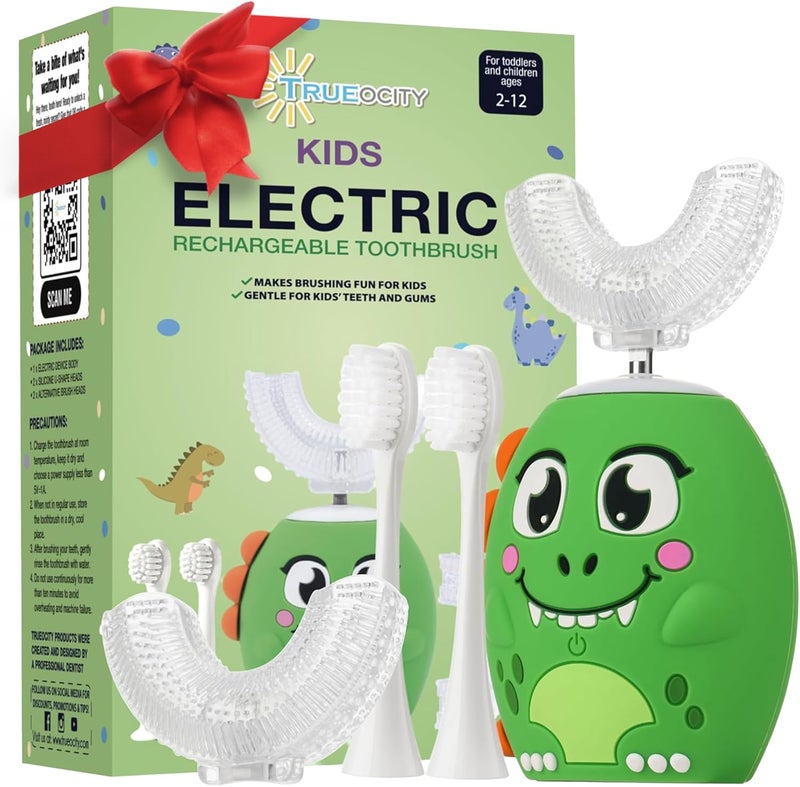 Trueocity Kids U Shape Toothbrush Auto Electric Toddler Rechargeable Kids Automatic Toothbrush | 360° U-Shaped Silicone Brush Head | Gentle Cleaning for Ages 2–7 | Dinosaur Design (Green) - Image 1